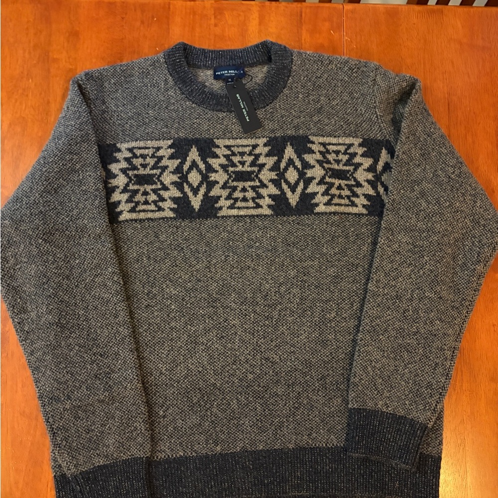 Peter Millar Men's Crewneck Sweater - Blue and Gray Pattern